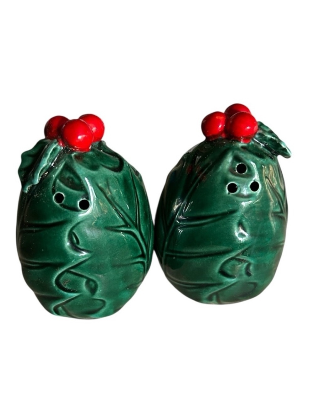 Vintage Lefton’s Green Holly Berry Salt & Pepper Shaker Set Christmas Holiday